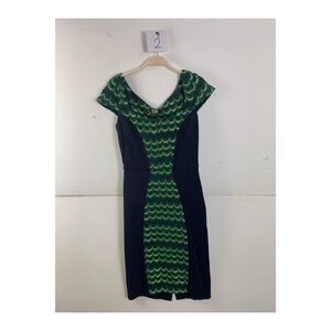 Anthropologie Eva Franco Midi Green and Navy Cap sleeve Fitted Dress